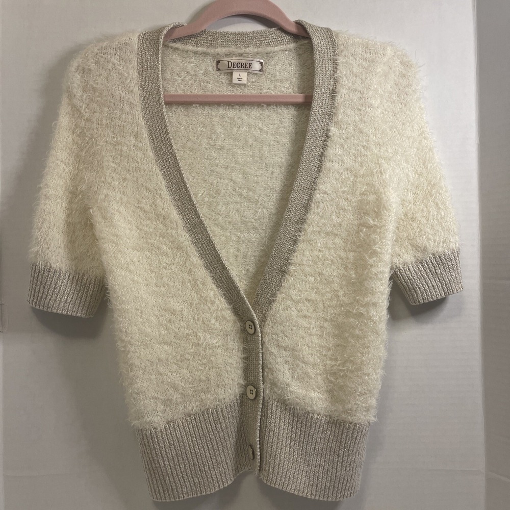 Decree Furry Cropped Cardigan Sweater Cream Gold Metallic Trim Junior Sz Large